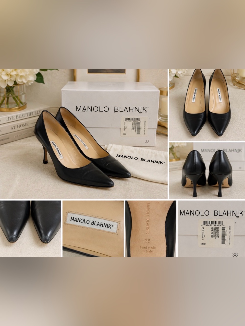 Manolo Blahnik Black Leather Pointed Toe Pumps 38 Italy 3” Heel Box Dust Bag